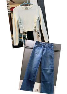 Ribbed Lace-Up Top & Wide Leg Jeans