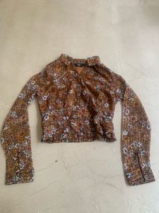 Brown Floral Snatched-Waist Blouse
