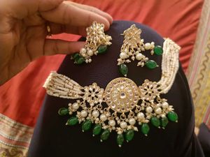 Ethnic Off White And Green Pearl Choker Set