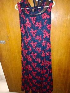 Elegant Navy Blue &amp; Red Floral Long Dress