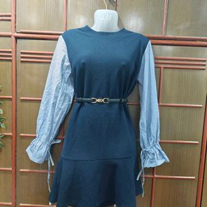 Blue Mini Dress with Striped Sleeves