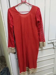 Pakistani Red Cotton Embroidered Kurta