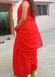 Elegant Red georgette Saree with stitched blouse