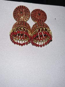 Red &amp; Gold Jhumka Earrings
