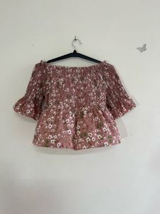 Smocked/shirred Off Shoulder Floral Top