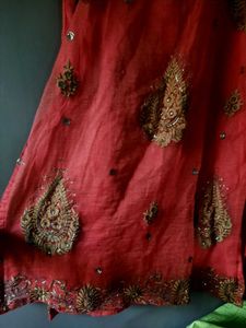 Red Net Embroidered Kurti Women