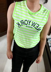 Women Green Striped Printed Casual Tank Top
