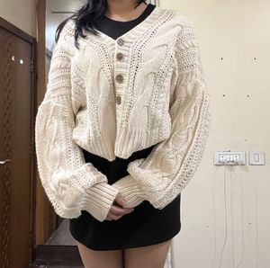 Cable Knit Cardigan and black skirt coord set
