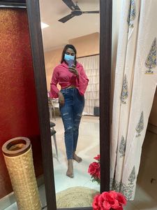 Sfront knot cropped pink with bell sleeves shirt