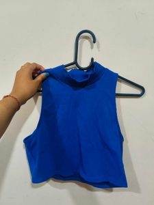 Blue Ribbed Mock Neck Crop Top