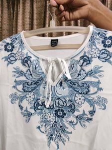 White Floral Embroidered Peasant Top | New