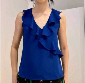 ZARA Blue Ruffle V-Neck Top