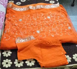 Orange Sari with Floral Embroidery