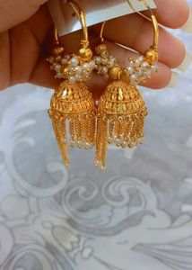 Golden Jhumka Earrings with Pearls