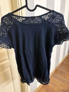 Marks and Spencer Crochet Neck Navy Blue Tshirt