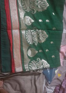 Green Colour Saree With Golden Border