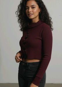 Turtle Neck Burgundy Lace-Up Crop Top Sweater