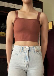 Brown Solid Square Neck Poly cotton Top