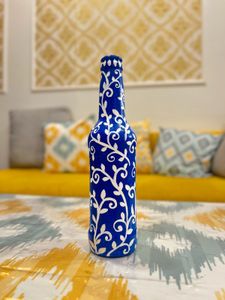 Handpainted Blue Floral Glass Bottle Vase