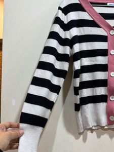 Striped Cardigan with Pink Trim