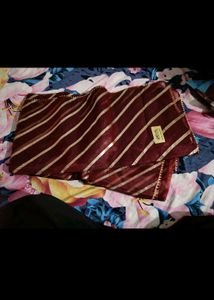 New  Maroon Striped saree with attached blouse pie