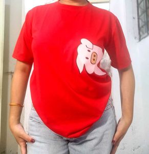 Red Pig Graphic  &amp; black striped oversized tees