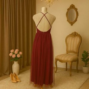 Burgundy Tulle Halter Gown