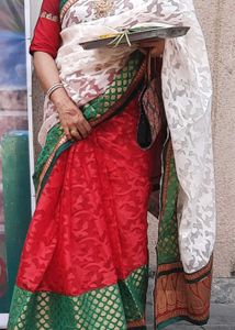 Elegant Red &amp; White Georgette Benarasi Saree