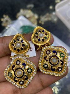 Vintage Gold Tone Enamel Earrings