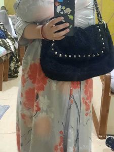 Fuzzy Navy &amp; Gold Studded Shoulder Bag