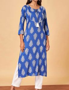 Blue Printed Kurta with Tassels