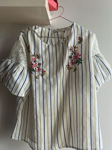 Striped Floral Embroidered Blouse
