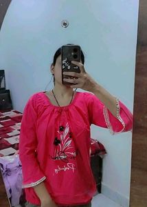 Pink Floral Top with Lace Sleeves