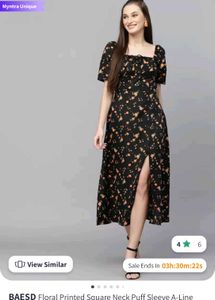 Floral Midi Dress - Puff Sleeve, Slit Detail