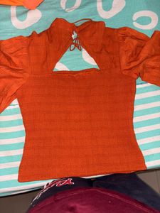 Orange Smocked Puff Sleeve Top