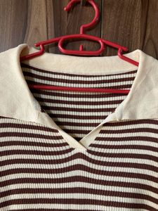 ribbed knit, cropped, striped polo-style top