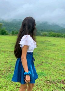 Women Fit And Flare Mini Length White &amp; Blue Dress