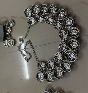 Elegant Silver Kundan Ear Chain&amp;earings(set Of 2)