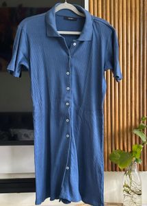 Blue Ribbed Shirt Dress, Size 34-36