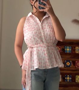 Pink Polka Dot Pleated Halter Top