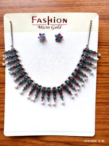 emerald &amp;Ruby color oxidized silver necklace