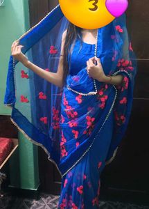 Blue Saree With Ready Blouse Fully Stitched