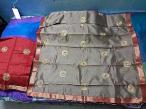 BrandNew Biege TussarSari with Red&amp;Gold Embroidery