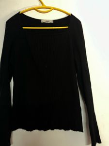 Black Ribbed Knit Long Sleeve Top