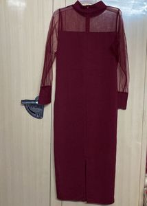 Burgundy Sheer Sleeve Midi Dress