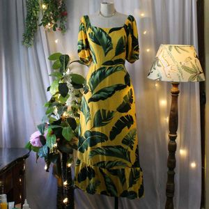 Yellow Leaf Print Midi Dress