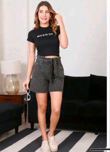 Shein Frayed Hem Denim Shorts With Tie-Up Belt