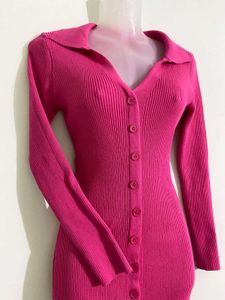 Women Pink Ribbed Midi Dress
