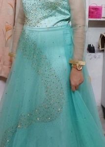 Turquoise Evening Gown, Stone Work Over Net , Ver
