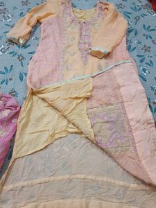 Peach Embroidered wide plazo Set